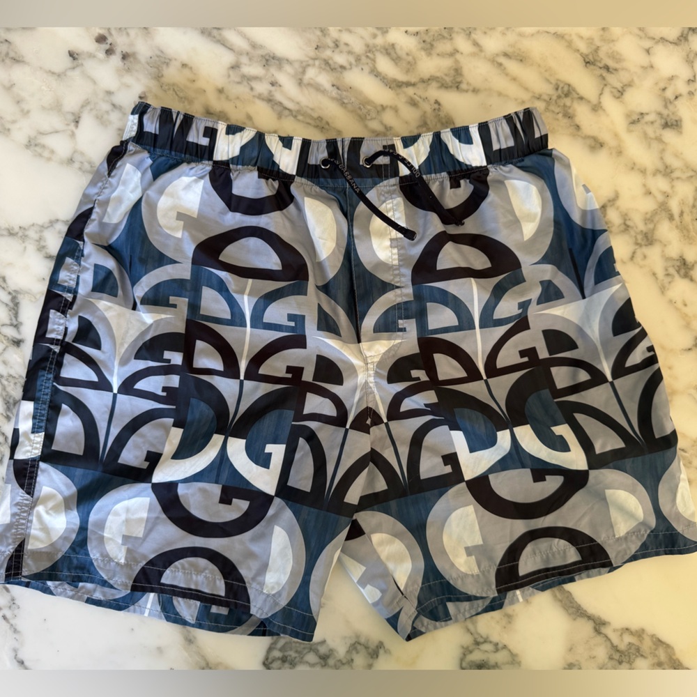 Dolce & Gabbana Boys Blue White Graphic Logo Swim Trunks